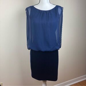 Cache blue chiffon pleated beaded velvet sheath dress size 2